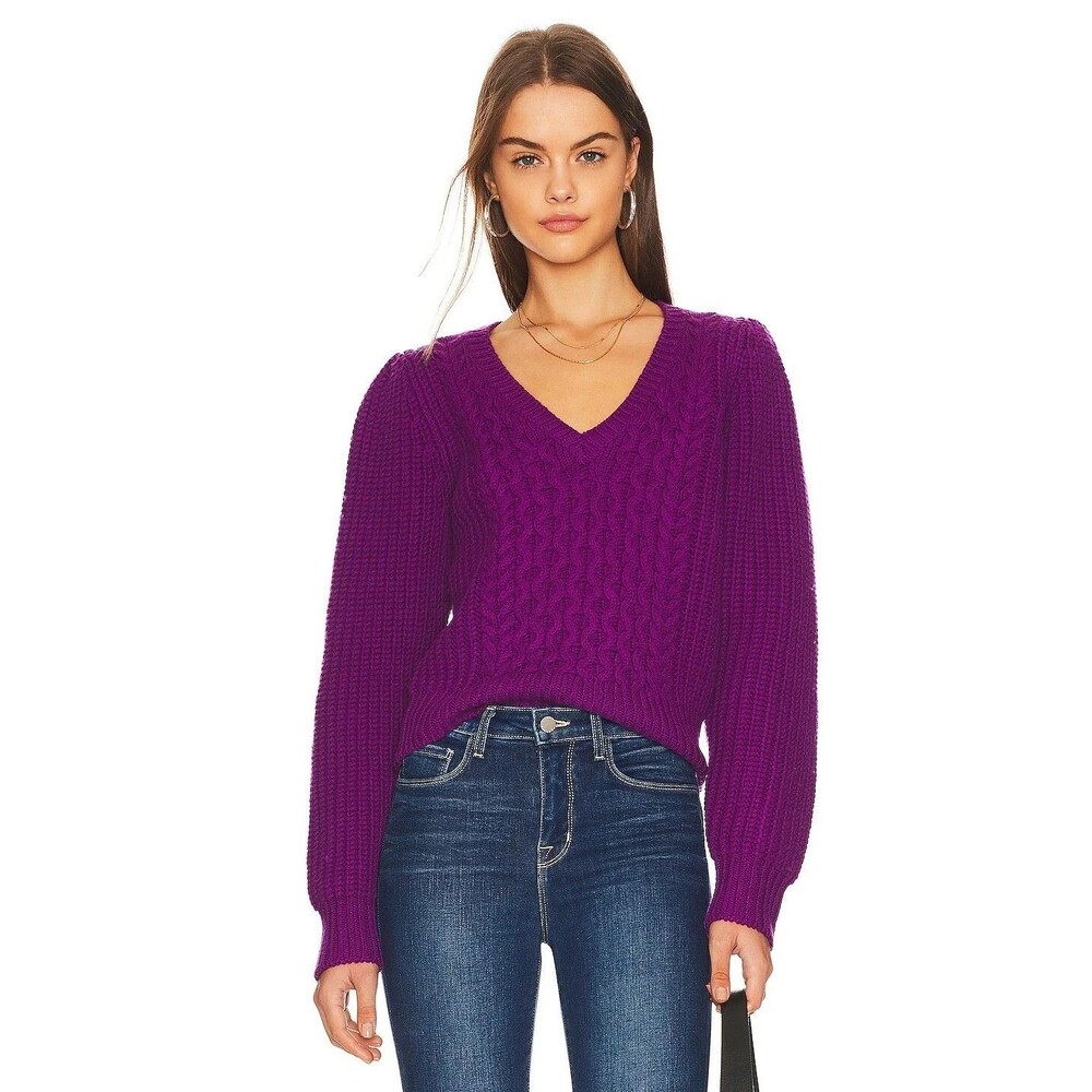 NEW Joie Small cable knit sweater menara 100% wool v-neck stretch purple